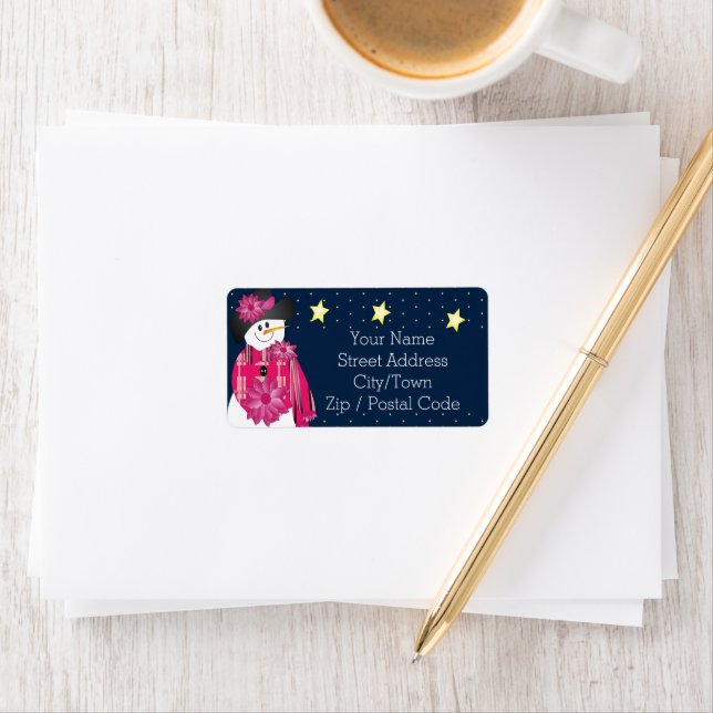 Rosa Whimsical Snögubbe Designer Adressetikett (Insitu)