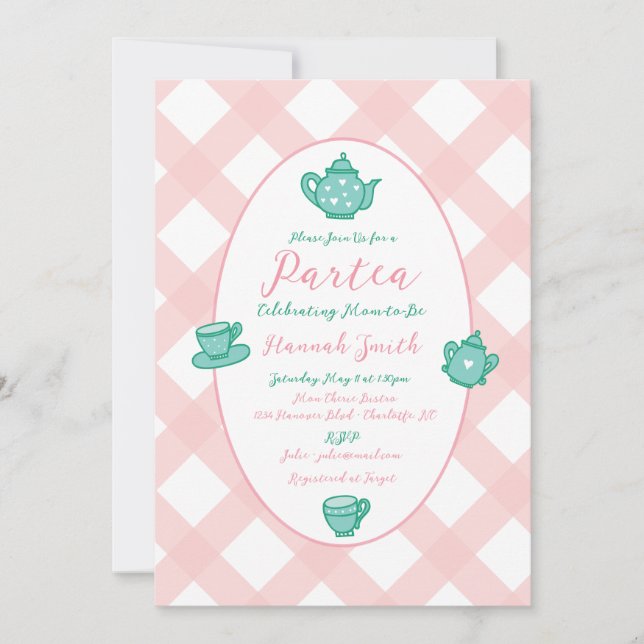 Rosa Whimsical Tea Party Baby Shower Inbjudningar (Framsida)