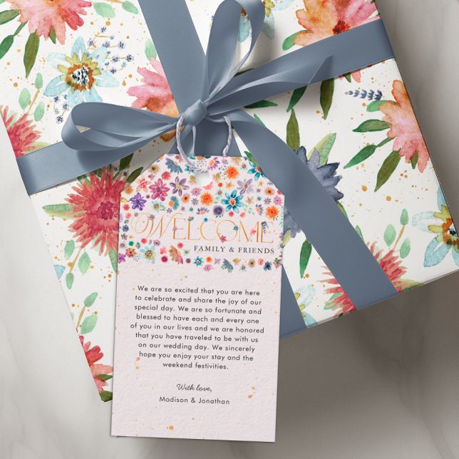 Rosa Whimsical Wildblomme Guld Bröllop Välkommen Presentetikett (Skapare uppladdad)