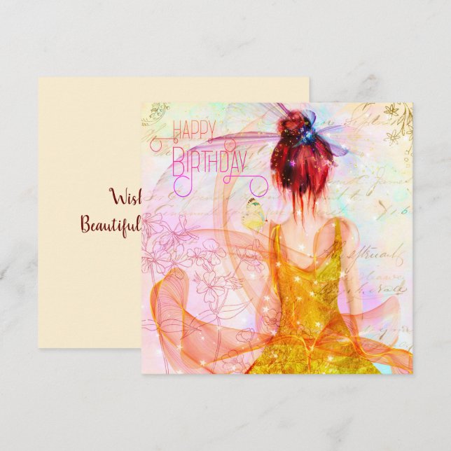 Rosa Whimsique Fairy Girl Birthday Kort (Fram/baksida)