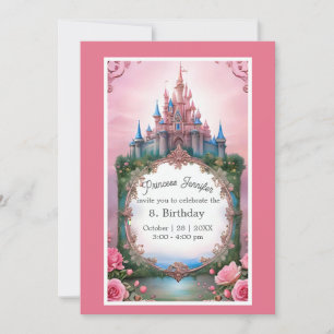 rosa Whimsique prinsessan sagtale slottsfödelsedag Inbjudningar