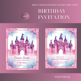 rosa Whimsique prinsessan sagtale slottsfödelsedag Inbjudningar