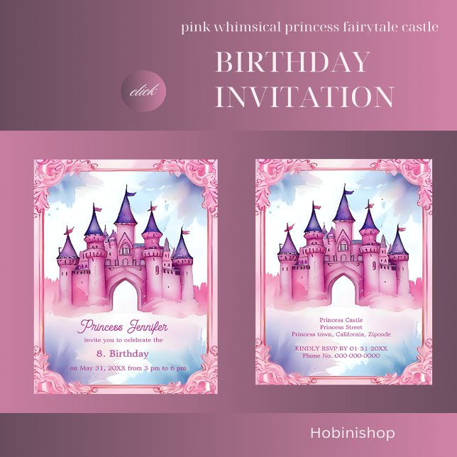 rosa Whimsique prinsessan sagtale slottsfödelsedag Inbjudningar (pink whimsical princess fairytale castle birthday invitation)
