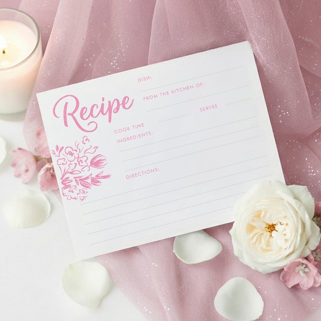 Rosa Whimsisk Bröllopsfest Receptkort (Pink Whimsical Hand Drawn Floral Bridal Shower Recipe Cards)
