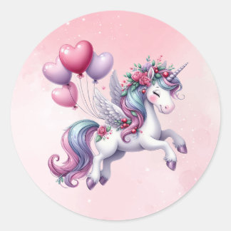 Rosa whimsiske flight unicorn runt klistermärke