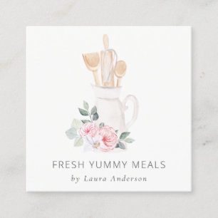 Rosa Whisk Spatula Blommigt Baking Utensils Fyrkantigt Visitkort