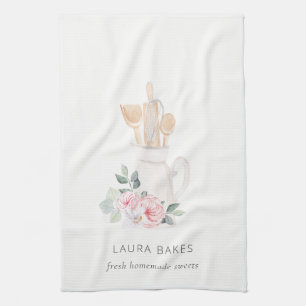 Rosa Whisk Spatula Blommigt Baking Utensils Kökshandduk