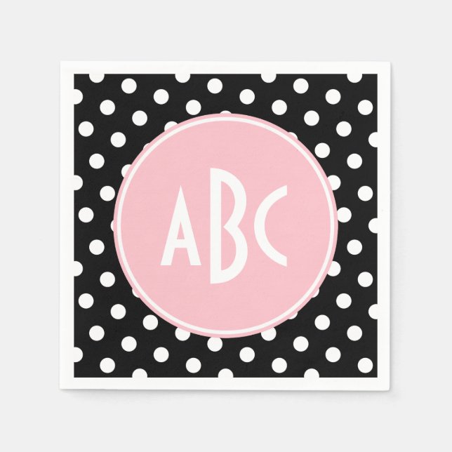 Rosa White and Black Polka Dot Monogram Pappersservett (Framsidan)