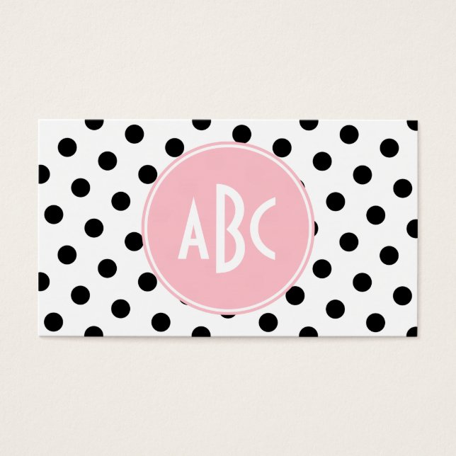 Rosa White and Black Polka dots Monogram Visitkort (Framsidan)