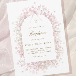 rosa White baby andblommor Baptism Inbjudningar