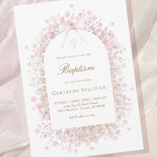 rosa White baby andblommor Baptism Inbjudningar