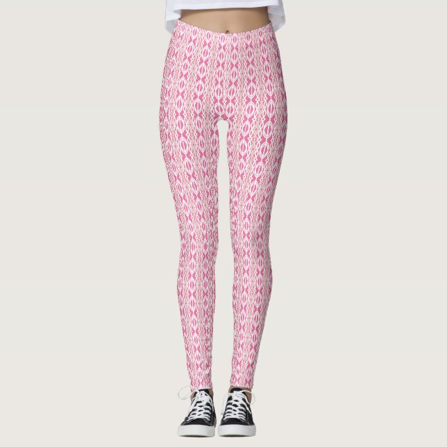 Rosa White Beige Deco Chain Mönster Gym Exercise Leggings (Framsida)