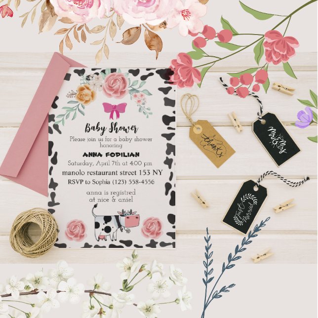 Rosa White Black Cow for Baby Shower-inbjudan Inbjudningar (Skapare uppladdad)
