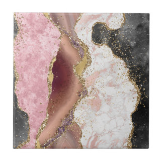 Rosa White Black Mauve Guld Glitter Agate Marble Kakelplatta