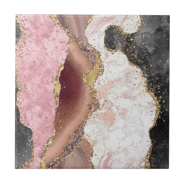 Rosa White Black Mauve Guld Glitter Agate Marble Kakelplatta (Framsidan)