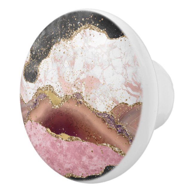 Rosa White Black Mauve Guld Glitter Agate Marble Knopp (Höger)