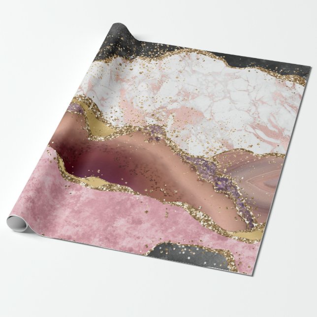 Rosa White Black Mauve Guld Glitter Agate Marble Presentpapper (Utrullad)