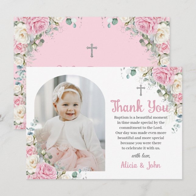 Rosa White Blommigt Baptism Christening Arch Photo Tack Kort (Fram/baksida)