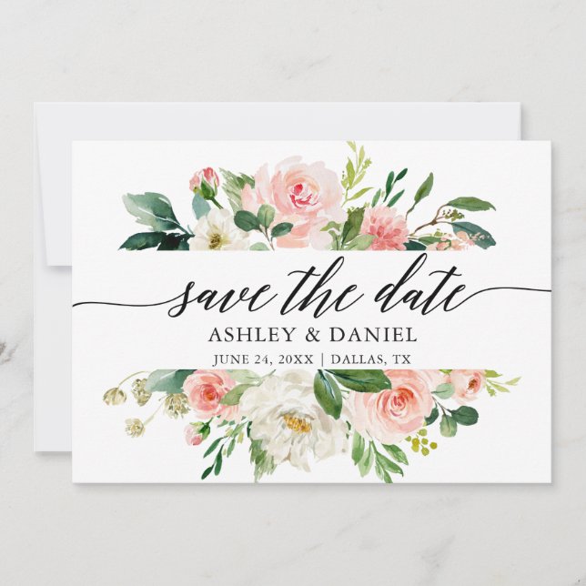 Rosa White Blommigt Calligraphy Save Date Card Spara Datumet (Framsida)