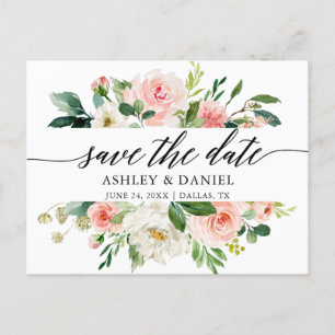 Rosa White Blommigt Calligraphy Save Date Vykort