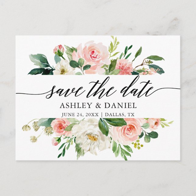 Rosa White Blommigt Calligraphy Save Date Vykort (Framsida)
