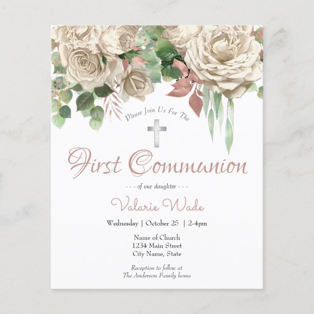 Rosa White Blommigt First Communion Flyer (Framsidan)