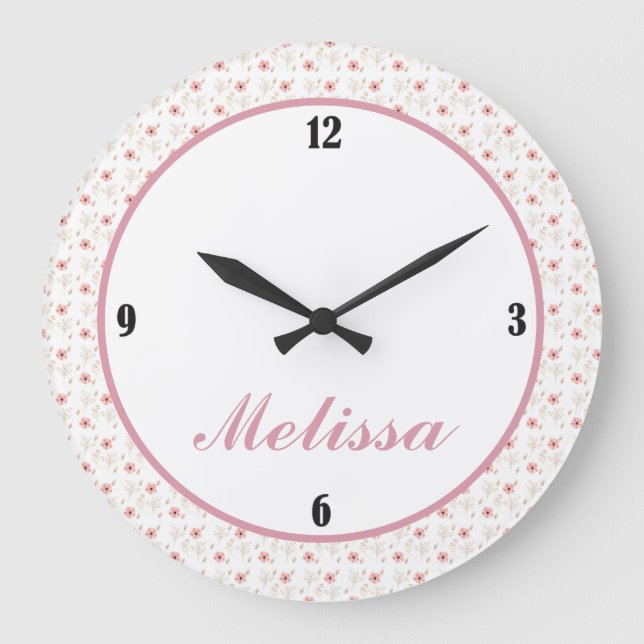 Rosa White blommigt Girl Room Wall Clock Stor Klocka (Framsida)