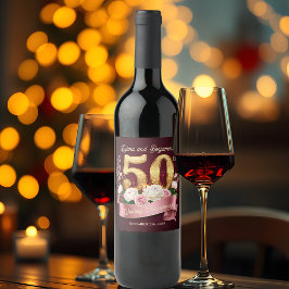 Rosa White Blommigt Golden 50:e Bröllop-årsdagen Vinflaska Etikett