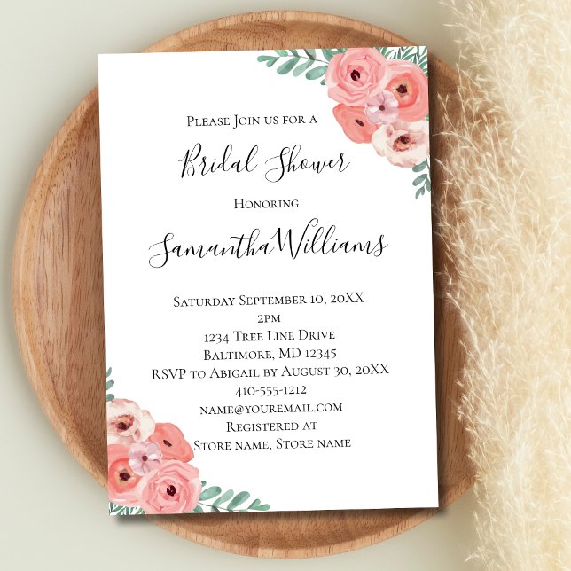 Rosa White  Blommigt Greenery Möhippa Inbjudningar (Pink Floral Watercolor Bridal Shower Invitation)