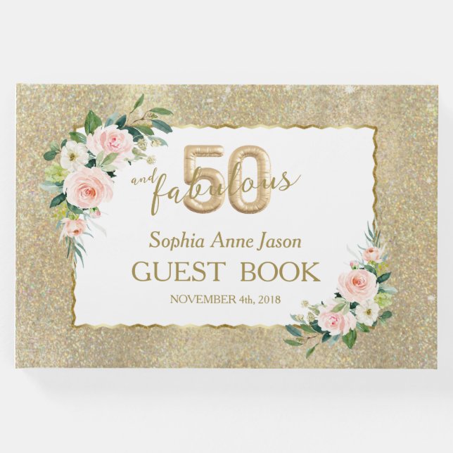 Rosa White Blommigt Guld 50 och Fabulous Birthday Gästböcker (Framsida)