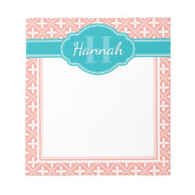 Rosa White Blommigt Lattice Mönster Teal Monogram