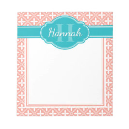 Rosa White Blommigt Lattice Mönster Teal Monogram Anteckningsblock