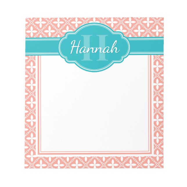 Rosa White Blommigt Lattice Mönster Teal Monogram Anteckningsblock (Framsida)