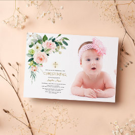 Rosa White Blommigt Photo Girl Christening Inbjudningar