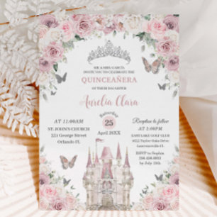Rosa White Blommigt Princess Castle Quinceañera XV Inbjudningar