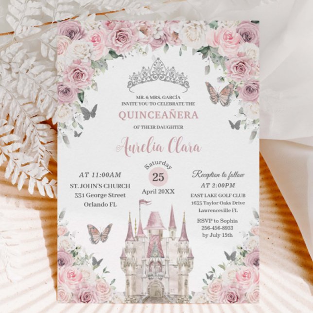 Rosa White Blommigt Princess Castle Quinceañera XV Inbjudningar (light-dusty-pink-white-floral-princess-castle-silver-Quinceañera-15th-sweet-16-birthday-party-invite)
