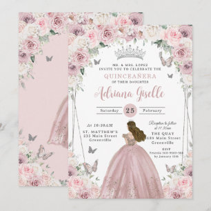 Rosa White Blommigt Princess Quinceañera XV 16 Inbjudningar