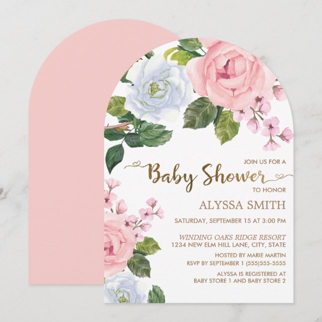 Rosa White Blommigt Ro Arch Baby Shower Inbjudningar (Fram/baksida)