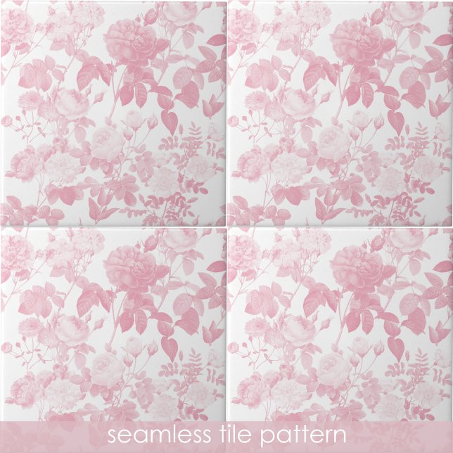 Rosa White Blommigt Ro Mönster Kakelplatta (Pink White Floral Roses Pattern Ceramic Tile)