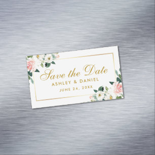 Rosa White Blommigt Save Date Mini Magnet