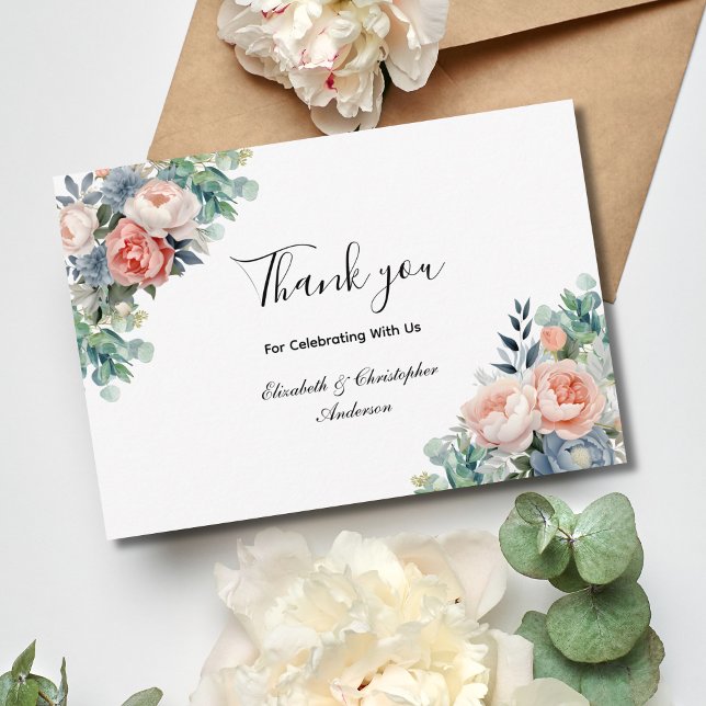 Rosa White Blue Blommigt Flowers Eucalyptus Bröllo Tack Kort (Pink Blue Floral Eucalyptus Watercolor Elegant Wedding Thank you card)