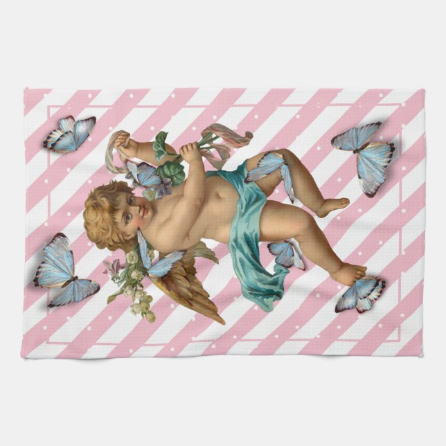 Rosa White Blue Cherub Butterfly Kitchen Tea Towel Kökshandduk (Horisontell)