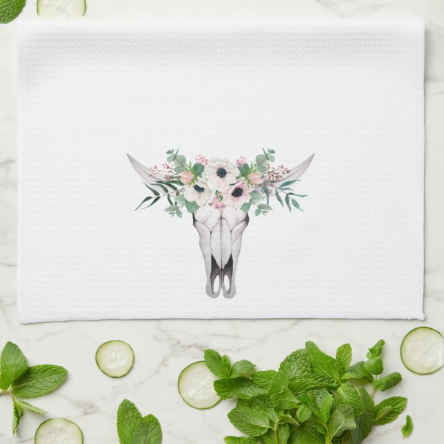Rosa White Boho Cow Head Blommigt Kökshandduk (Vikta)