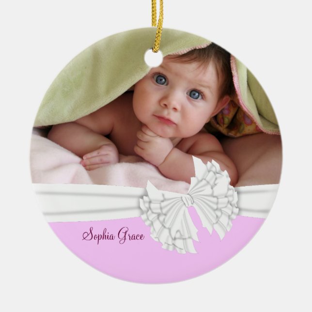 Rosa & White Bow Flicka Photo Ornament (Framsidan)
