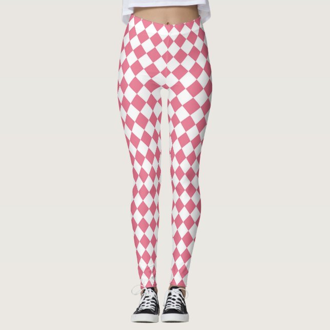 Rosa White Checker Diamond Mönster Leggings (Framsida)