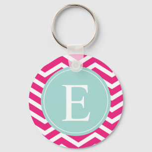 Rosa White Chevron Mint Teal Monogram Nyckelring