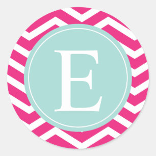 Rosa White Chevron Mint Teal Monogram Runt Klistermärke
