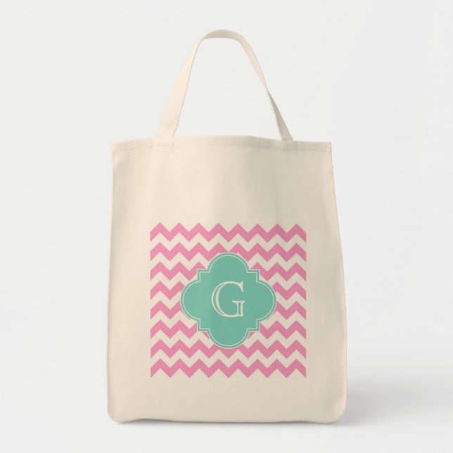 Rosa White Chevron Zigzag Aqua Quatrefoil Monogram Tygkasse (Framsidan)