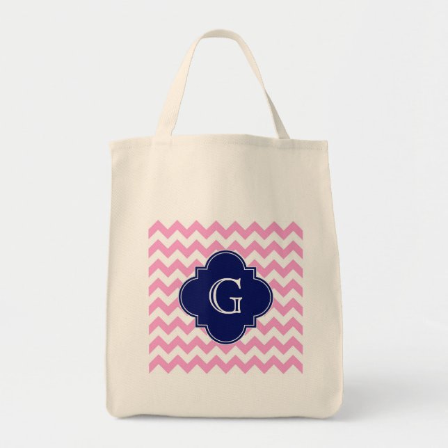 Rosa White Chevron Zigzag Navy Quatrefoil Monogram Tygkasse (Framsidan)