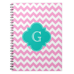 Rosa White Chevron Zigzag Teal Quatrefoil Monogram Anteckningsbok